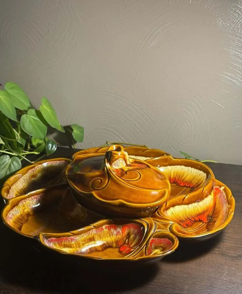 Vtg Maurice of California Mid-Century Modern Drip Glaze Pottery Dip Snack Set